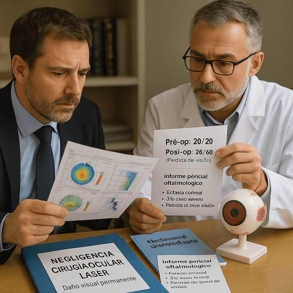 Abogado con oftalmólogo perito analizando pruebas técnicas de negligencia en cirugía ocular láser LASIK, daños visuales permanentes