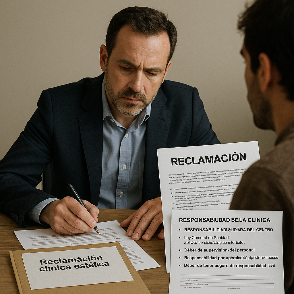 Abogado reclamando responsabilidad solidaria de clínica estética por negligencias en tratamientos láser, responsabilidad institucional del centro
